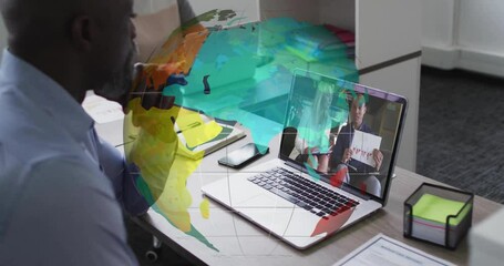 Poster - businessman video conferencing with colleagues, colorful world map animation overlay