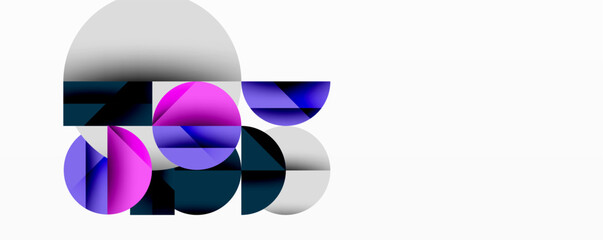 Poster - Abstract geometric design with intersecting circles, triangles, squares and sharp angles creating a layered composition with gradients, depth, and contrast