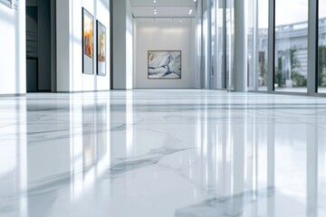 Poster - Spacious art gallery showcasing contemporary works with polished marble flooring and large windows in bright natural light