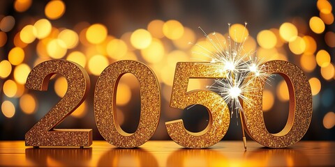 Fototapete - Silvester Sylvester 2050 New year New Year's Eve Party background banner panorama illustration - Abstract gold firework fireworks on dark green texture with bokeh lights