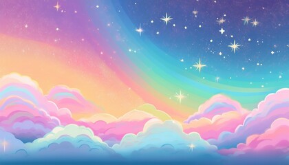 Wall Mural - Holographic fantasy rainbow background with clouds and stars. Pastel color sky. Magical landscape, abstract fabulous pattern. Cute candy wallpaper