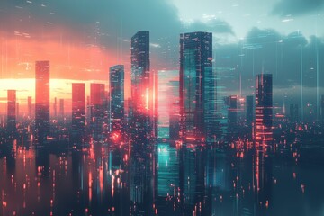 Poster - Aerial view of a futuristic cityscape evening glow in digital art transformation
