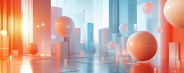 Leinwandbilder - Dynamic abstract art scene with floating spheres futuristic environment 3d rendering perspective