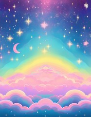 Wall Mural - Holographic fantasy rainbow background with clouds and stars. Pastel color sky. Magical landscape, abstract fabulous pattern. Cute candy wallpaper