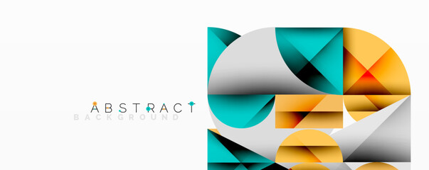 Poster - Abstract geometric design with intersecting circles, triangles, squares and sharp angles creating a layered composition with gradients, depth, and contrast