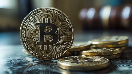 Poster - Bitcoin coin placed on table surface illustrating the use of virtual currency in modern financial transactions