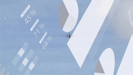 Poster - Flying over global data charts and pie graphs, airplane in blue sky animation