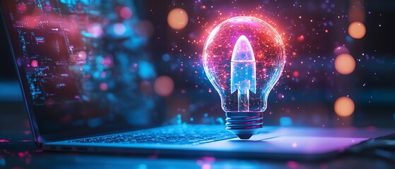 Poster - Vibrant neon lightbulb with rocket inside glowing over a laptop in a dark futuristic digital world