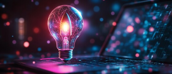 Aufkleber - Vibrant neon lightbulb with rocket inside glowing over a laptop in a dark futuristic digital world