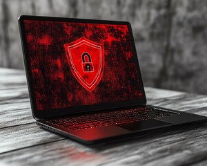 Leinwandbilder - 3D rendering of a laptop with red shield and open padlock on the screen, resting on wooden surface, gray background, cybersecurity, digital security, online protection