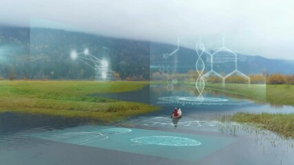 Poster - DNA strand and scientific data animation over serene lake landscape