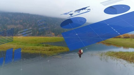 Poster - Data visualization animation over serene landscape with person rowing on calm water