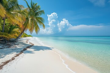 Wall Mural - White sand beach, turquoise water, palm trees, sunny sky. Ideal for travel, vacation, and summer themes, evokes relaxation and paradise.