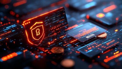 Poster - Digital secure payment concept featuring a shield, lock, credit card, wallet, and coins, glowing against a dark background, cybersecurity, financial protection, 3D rendering