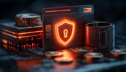 Poster - Digital secure payment concept featuring a shield, lock, credit card, wallet, and coins, glowing against a dark background, cybersecurity, financial protection, 3D rendering