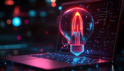 Aufkleber - Dynamic neon lightbulb with rocket inside displayed on laptop in a dark techinspired scene
