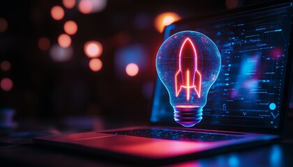 Aufkleber - Dynamic neon lightbulb with rocket inside displayed on laptop in a dark techinspired scene