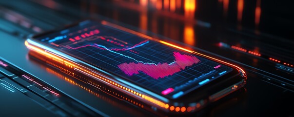Poster - Futuristic smartphone with 3D charts and financial graphs displayed