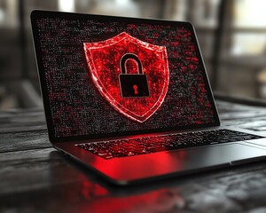 Leinwandbilder - Laptop on wooden surface with a red shield and open padlock on screen, gray background, symbolizing cybersecurity, modern digital protection, 3D rendering, security concept