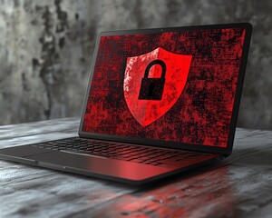 Leinwandbilder - Laptop on wooden surface with a red shield and open padlock on screen, gray background, symbolizing cybersecurity, modern digital protection, 3D rendering, security concept