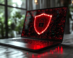 Fototapete - Laptop with red shield and open padlock displayed on screen, set on a wooden surface, gray background, symbolizing digital security, cybersecurity technology, 3D rendering