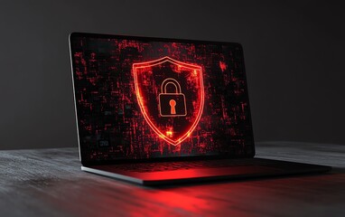 Poster - Laptop with red shield featuring an open padlock displayed on the screen