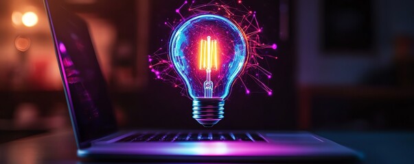 Aufkleber - Neon glowing lightbulb with rocket inside above a sleek laptop in a dark minimalist environment