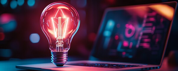 Aufkleber - Neon glowing lightbulb with rocket inside on top of a laptop