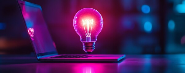 Aufkleber - Neon glowing lightbulb with rocket inside above a sleek laptop in a dark minimalist environment