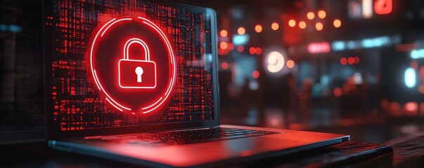 Leinwandbilder - 3D rendering of open padlock symbol on shield displayed on laptop screen, representing cybersecurity, protection, and online safety, glowing digital encryption, hightech security