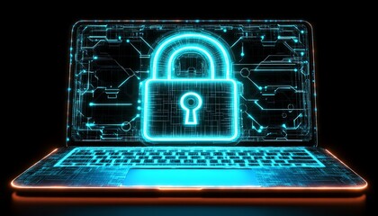Poster - Digital padlock hologram on laptop screen with glowing network connections in the background
