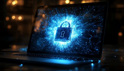 Fototapete - Digital padlock hologram on laptop screen with glowing network connections in the background