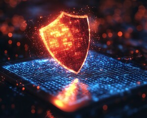 Leinwandbilder - Floating holographic shield above a tablet in a digital network, representing cybersecurity, encryption technology, and data protection, 3D rendering, modern digital security