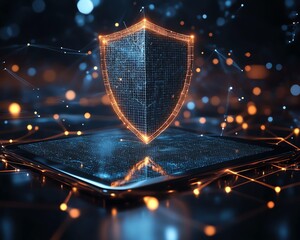 Leinwandbilder - Floating holographic shield above a tablet in a digital network, representing cybersecurity, encryption technology, and data protection, 3D rendering, modern digital security