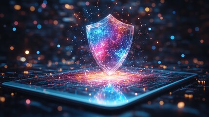 Leinwandbilder - Floating holographic shield icon above a tablet in a digital network background