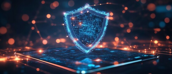 Poster - Holographic shield icon floating above a tablet in a digital network background