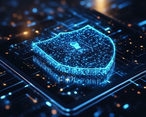 Poster - Holographic shield icon floating above a tablet in a digital network background