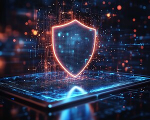 Poster - Holographic shield icon floating above a tablet in a digital network background