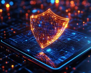 Fototapete - Holographic shield icon hovering above a tablet with digital network background