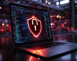 Poster - Laptop displaying open padlock symbol on shield on screen, representing cybersecurity, protection, and online safety concept, 3D rendering, digital encryption, modern protection
