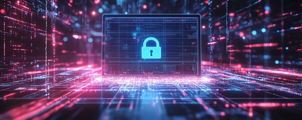 Leinwandbilder - Laptop screen with digital padlock hologram, surrounded by glowing network connections in the background, 3D rendering, hightech cybersecurity, encrypted data, modern protection