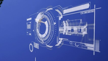 Poster - Animation of futuristic digital interface showing architectural blueprint in school setting