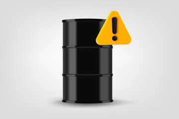 Poster - Black metal barrel with oil and exclamaion sign. Low energy concept. Vector 3d illustration