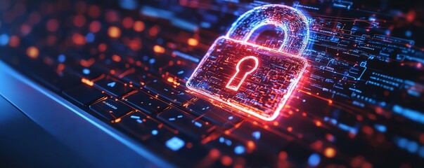 Fototapete - 3D rendering of digital padlock hologram on laptop screen, with network connections in the background, symbolizing cybersecurity, encrypted data, digital protection, modern tech