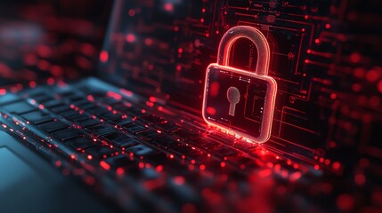 Leinwandbilder - 3D rendering of digital padlock hologram on laptop screen, with network connections in the background, symbolizing cybersecurity, encrypted data, digital protection, modern tech