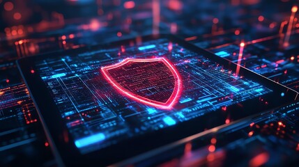Fototapete - 3D rendering of holographic shield icon floating above a tablet in a digital network background