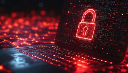 Poster - 3D rendering of laptop displaying digital padlock hologram, with glowing network connections in the background, symbolizing encryption, cybersecurity, and modern digital protection