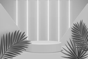 Poster - Grey room with podium and leaves. Eco friendly product showcase template. 3d vector background
