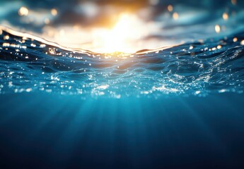 Poster - Tranquil Ocean Waves Under Golden Sunlight with Sunray Reflections Creating a Serene and Peaceful Seascape in a Natural Setting