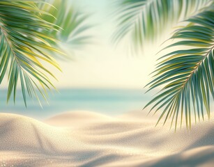 Poster - Tranquil Tropical Beach Scene with Soft Sands and Lush Green Palm Leaves Framing a Serene Ocean View Under Gentle Sunlight